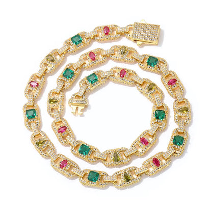 NUOYA Luxury Colorful Zircon Cuban Chain Necklace Silver Plated Mixed Inlaid Iced Out Diamond Hip Hop Fine Jewelry