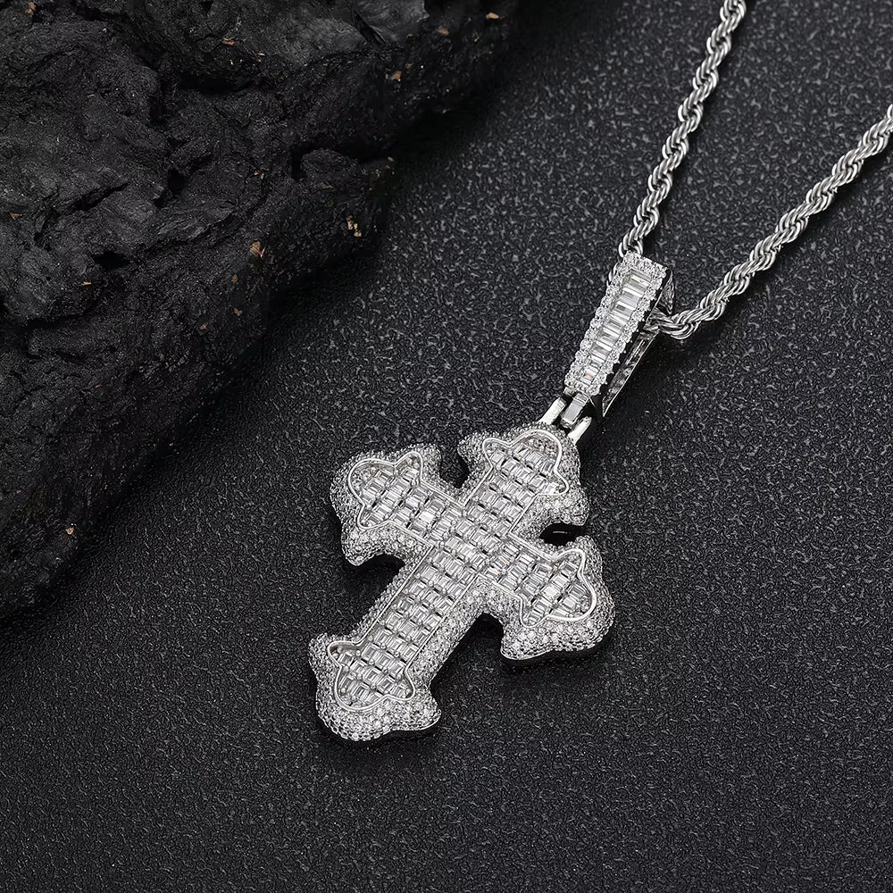 NUOYA New Style Hip Hop Baguette Square Iced Out Zircon White Gold Plated Cross Pendant for Men and Women Gift Fashion Jewelry