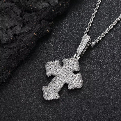 NUOYA New Style Hip Hop Baguette Square Iced Out Zircon White Gold Plated Cross Pendant for Men and Women Gift Fashion Jewelry
