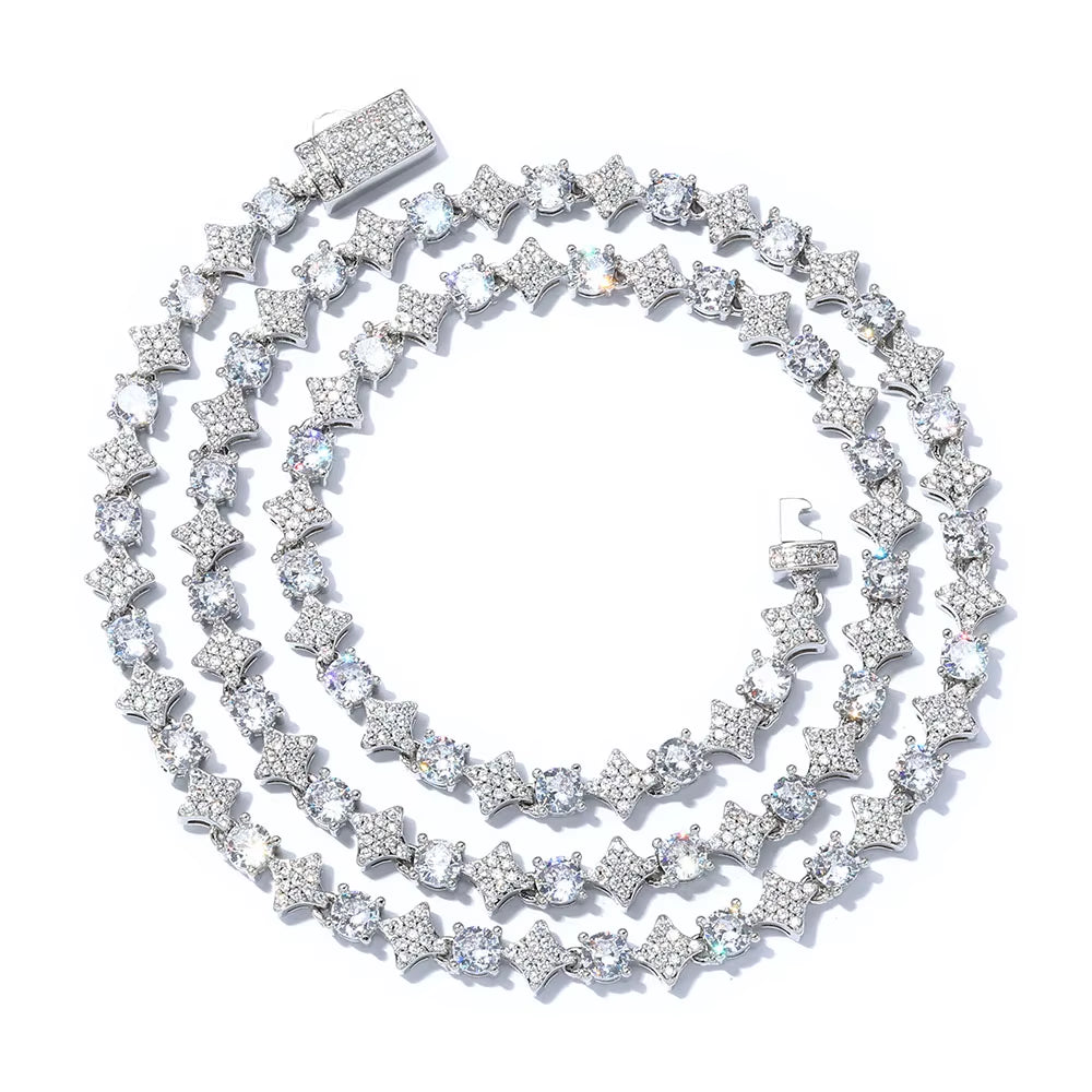 NUOYA Iced Out Tennis Chain Necklace 6Mm Spring Lock Clasp round Zircon Star Design Sparkling Diamond Hip Hop Jewelry