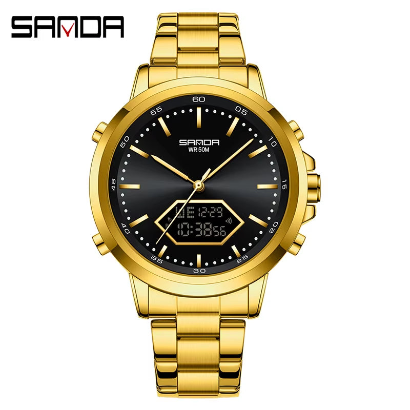 Innovation SANDA Irregular Hexagonal Triple Needle 12/24 Hours Sports Watches Men Wrist Waterproof Digital Trendy Texture