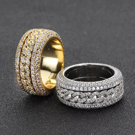 NUOYA Iced Out Bling VVS Moissanite Spinner Cuban Ring 925 Silver Hip Hop Gold Plated Ring Unisex Women Men