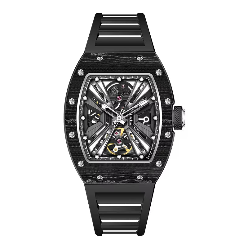 Men'S Trendy Luxury Skeleton Mechanical Watch Luminous Carbon Fiber Barrel-Type with Silicone Band Summer Type