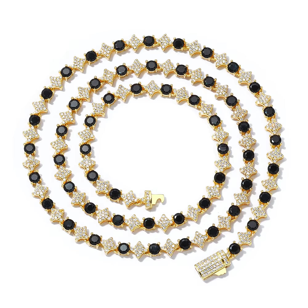 NUOYA Iced Out Tennis Chain Necklace 6Mm Spring Lock Clasp round Zircon Star Design Sparkling Diamond Hip Hop Jewelry