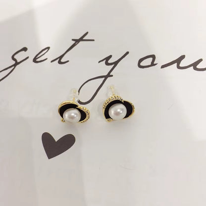 2024 High Quality Black Heart Real Freshwater Pearl Earrings Silver Ear Needle Woman Gift