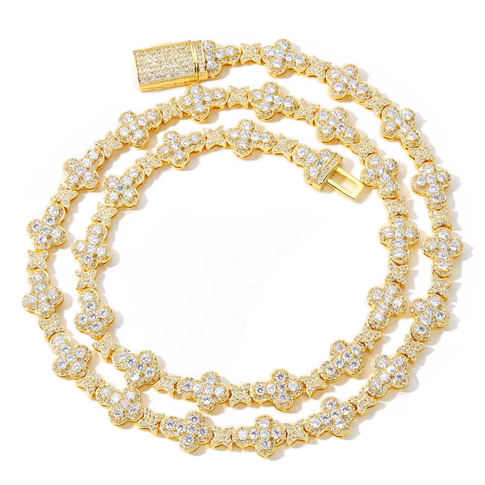 NUOYA Iced Out Full Pave Zircon Choker Necklace Gold Plated with Diamond Cross Link Chain Flower Design Shiny Hip Hop Jewelry