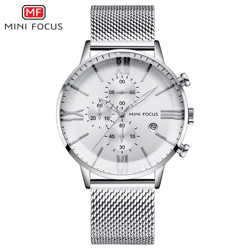 MINI FOCUS 0236G Latest Design Arched Hook Buckle Stainless Steel Mesh Roman Numeral Scale Quartz Watch for Men