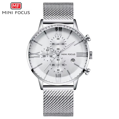 MINI FOCUS 0236G Latest Design Arched Hook Buckle Stainless Steel Mesh Roman Numeral Scale Quartz Watch for Men