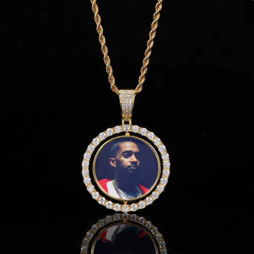 NUOYA Custom Gold Plated Photo Pendant Small Fine Jewelry for Men & Women Hip Hop Style Iced Double Sided Rotating Photo Pendant