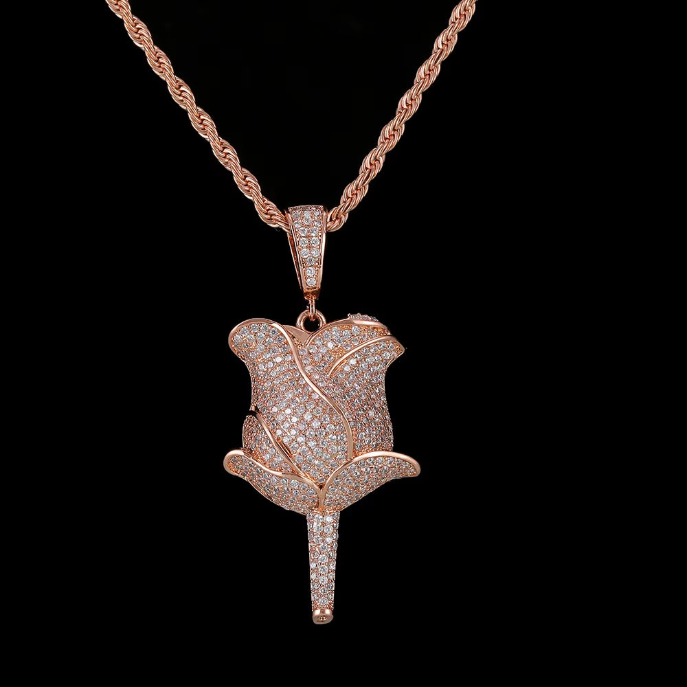 New Hip Hop Style 18K Gold Rose Flower Pendant Necklace Full Pave Zircon Charms for Women Fine Diamond Rose Flower Pendant
