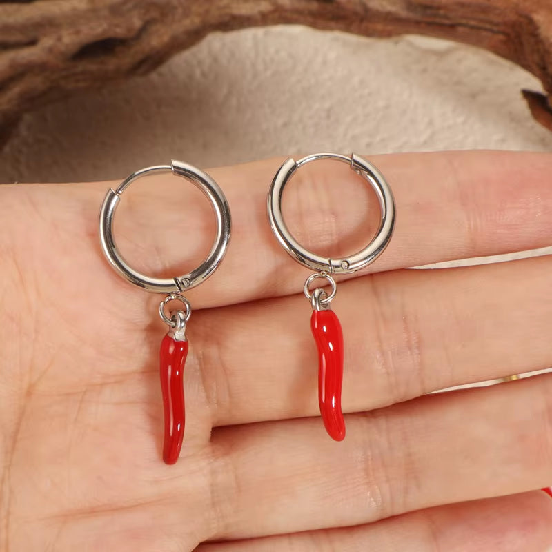 Elegant Waterproof Fashion Jewelry Pvd 18K Gold Stainless Steel Vintage Red Pepper Earring Hoop Stud Huggie for Men Women