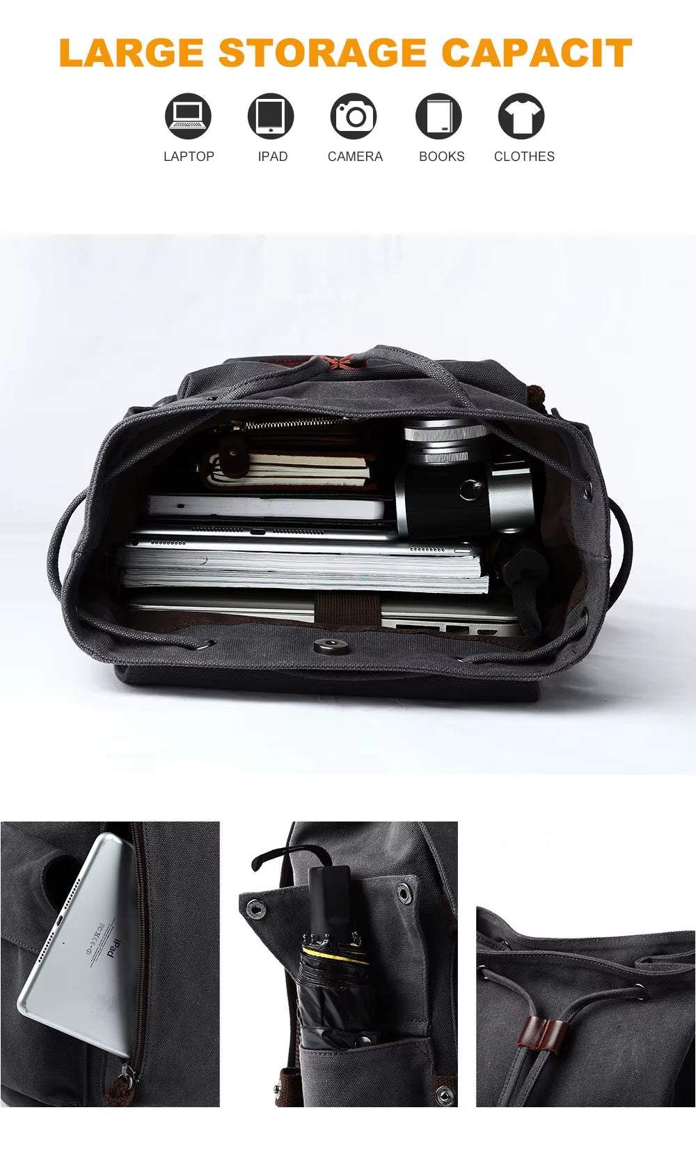 Multifunctional Wholesale Canvas Backpack with High Capacity and Diversified Pockets Suit for School
