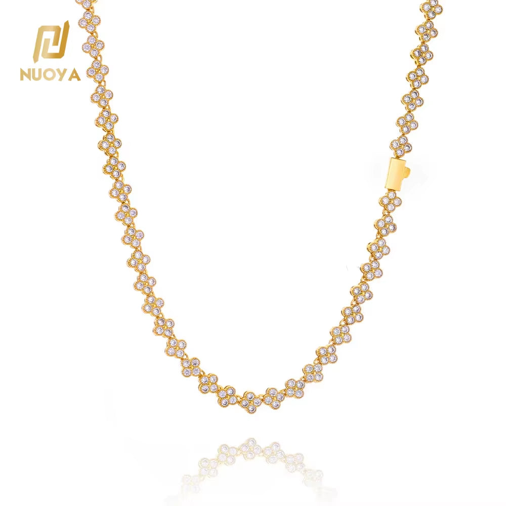 NUOYA Women'S Gold Plated Diamond Chain Necklace Four Leaf Clover Plum Blossom Shiny Zircon Hip Hop Jewelry