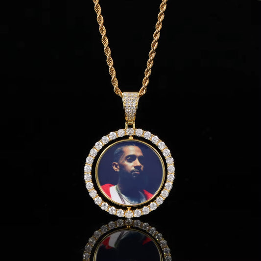 NUOYA Custom Gold Plated Photo Pendant Small Fine Jewelry for Men & Women Hip Hop Style Iced Double Sided Rotating Photo Pendant