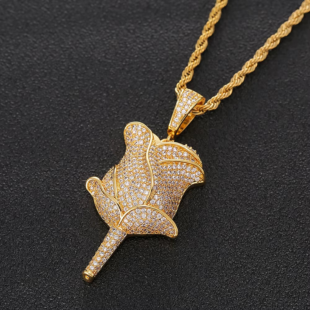 New Hip Hop Style 18K Gold Rose Flower Pendant Necklace Full Pave Zircon Charms for Women Fine Diamond Rose Flower Pendant