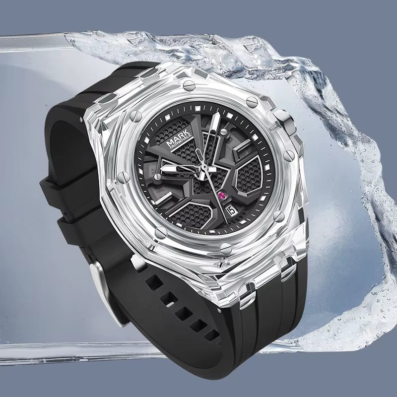 Mark Fairwhale 5920 Men Quartz Watches with Octagonal and Clear Case Silicone Strap Waterproof Sporty Stylish Man Wristwatches