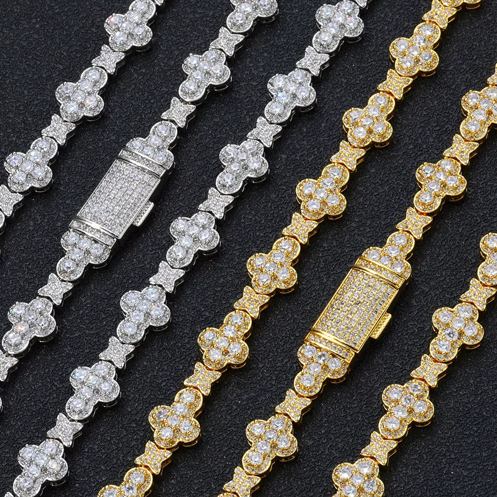 NUOYA Iced Out Full Pave Zircon Choker Necklace Gold Plated with Diamond Cross Link Chain Flower Design Shiny Hip Hop Jewelry