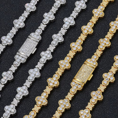 NUOYA Iced Out Full Pave Zircon Choker Necklace Gold Plated with Diamond Cross Link Chain Flower Design Shiny Hip Hop Jewelry
