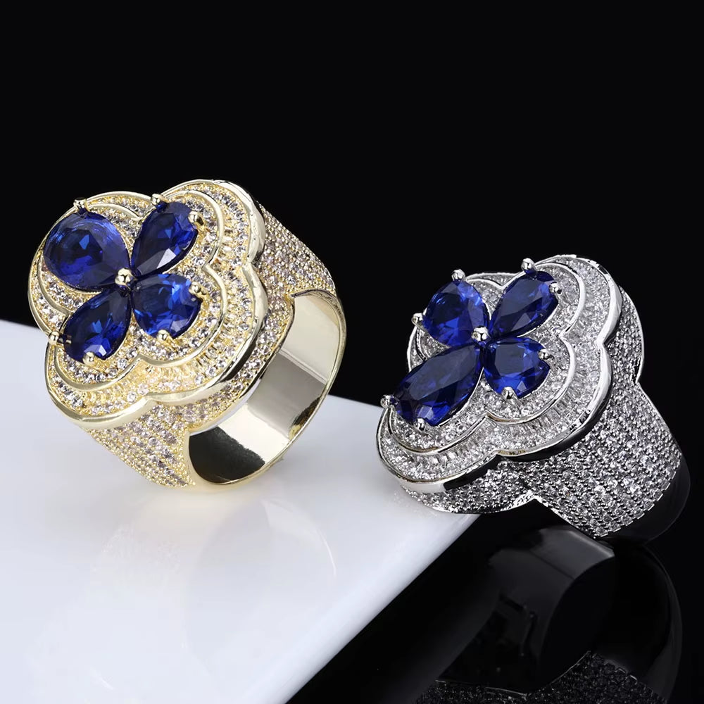 NUOAY Shiny Blue Gemstone Flower Shape Rings White Gold Plated Hip Hop Jewelry Iced Out Four Leaf Diamond Ring for Women