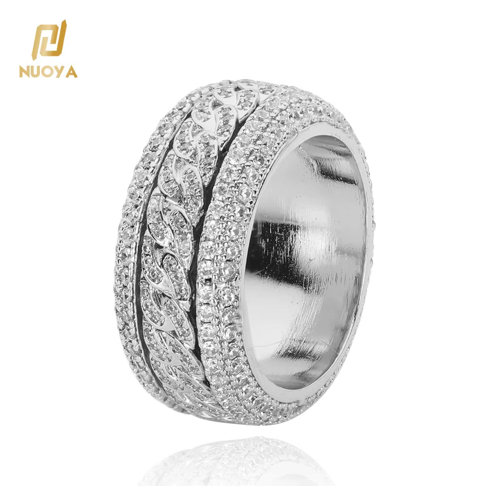 NUOYA Iced Out Bling VVS Moissanite Spinner Cuban Ring 925 Silver Hip Hop Gold Plated Ring Unisex Women Men