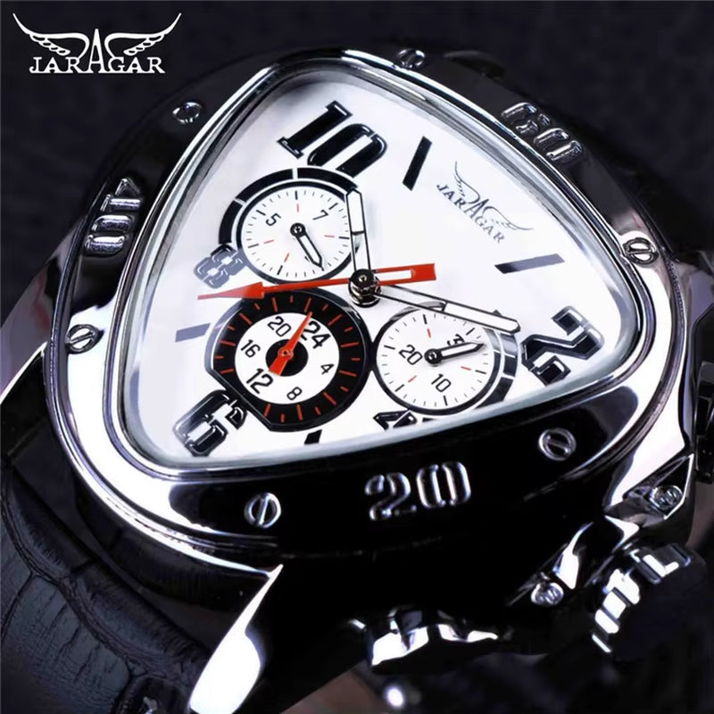JARAGAR GMT951 Sport Racing Design Geometric Triangle Pilot Genuine Leather Men Mechanical Watch Luxury Automatic Wristwatches