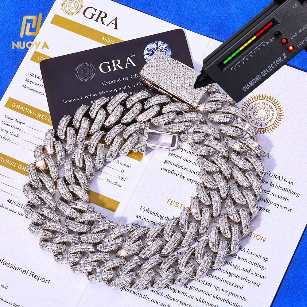 NUOYA 18Mm 925 Silver Cuban Chain Iced Out Flip Buckle VVS Moissanite Baguette Mixed Inlay Cuban Necklace Hip Hop Jewelry