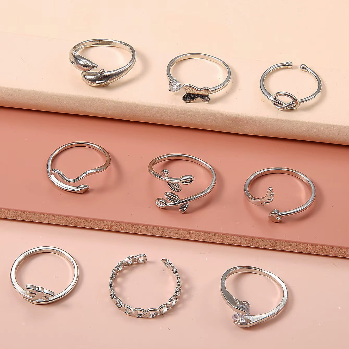 2025 New Adjustable 9 Piece Ring Set Butterfly Vintage Love Geometric Silver Rings Toe Rings for Women or Men