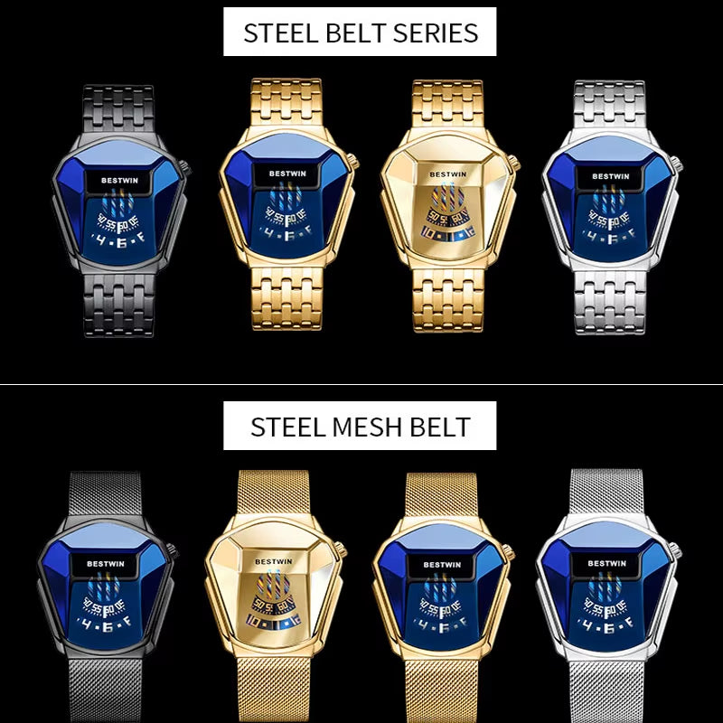 BESTWIN 6615 High-Tech Feeling Waterproof Japan Quartz Movement Watch Cool Snake Shape Dial Stainless Steel Strap Men'S Watches