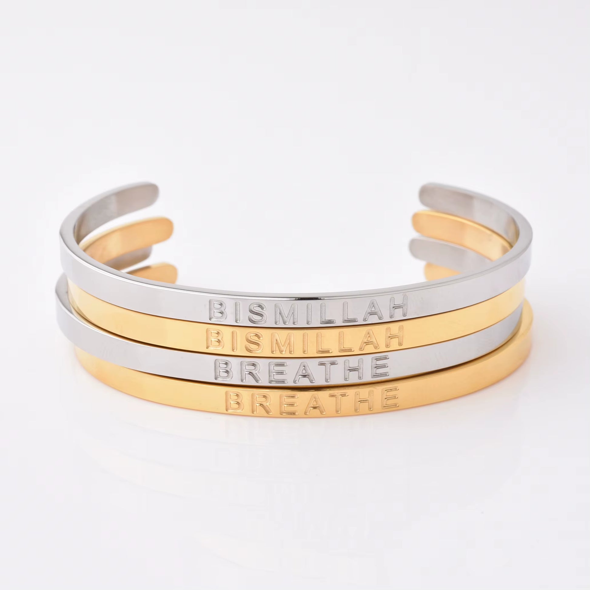 High Quality Engraved Words Logo Gold Plated Woman Mens Custom Logo Stainless Steel Bracelet Gold Cuff Bangle