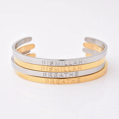 High Quality Engraved Words Logo Gold Plated Woman Mens Custom Logo Stainless Steel Bracelet Gold Cuff Bangle