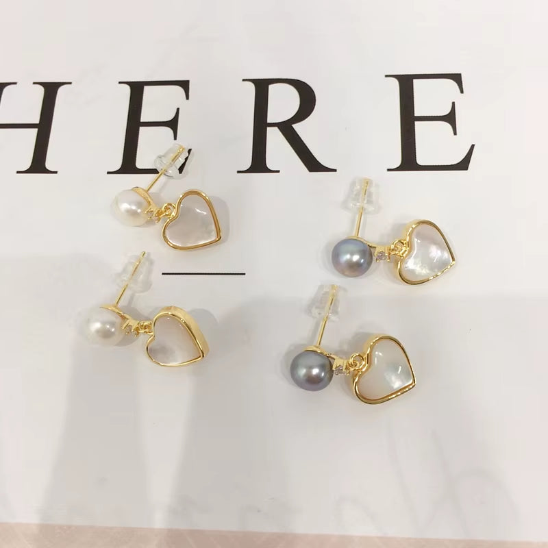 Freshwater Pearl Fine Stud Earrings Heart-Shaped Sea Shell Pearl Jewelry 18K Gold Plated Earrings Accessory