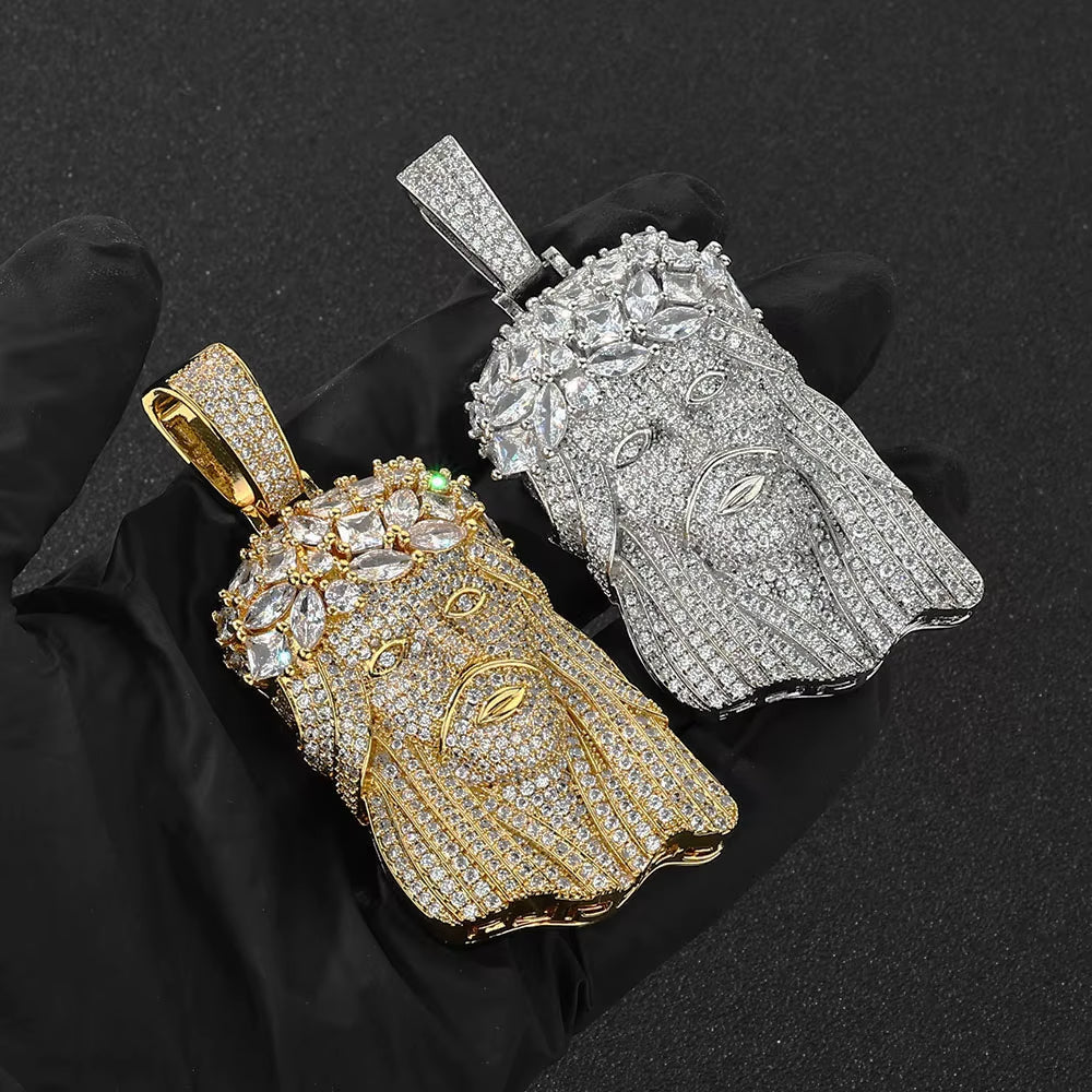 NUOYA Hip Hop Jewelry Iced Out Diamond Charm Pendant Gold Silver Plated Claw Setting Zircon Wreath Jesus Head Pendant for Women