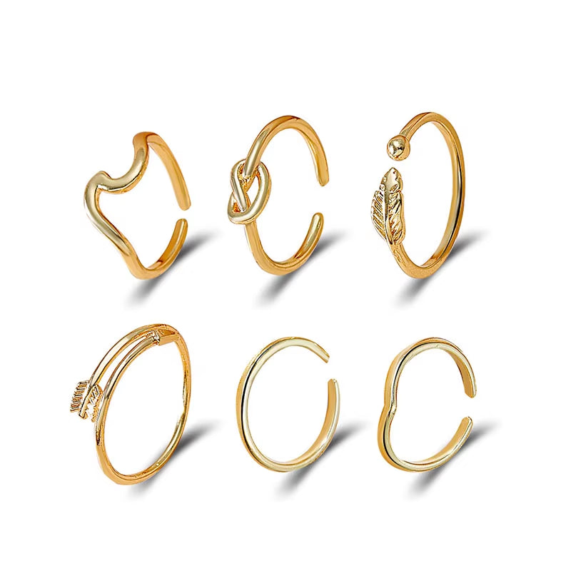 2025 New Arrival Fashion Gold Plated Rings 6Pcs Women Beach Toe Rings Foot Jewelry Ring Set Open Adjustable for Women