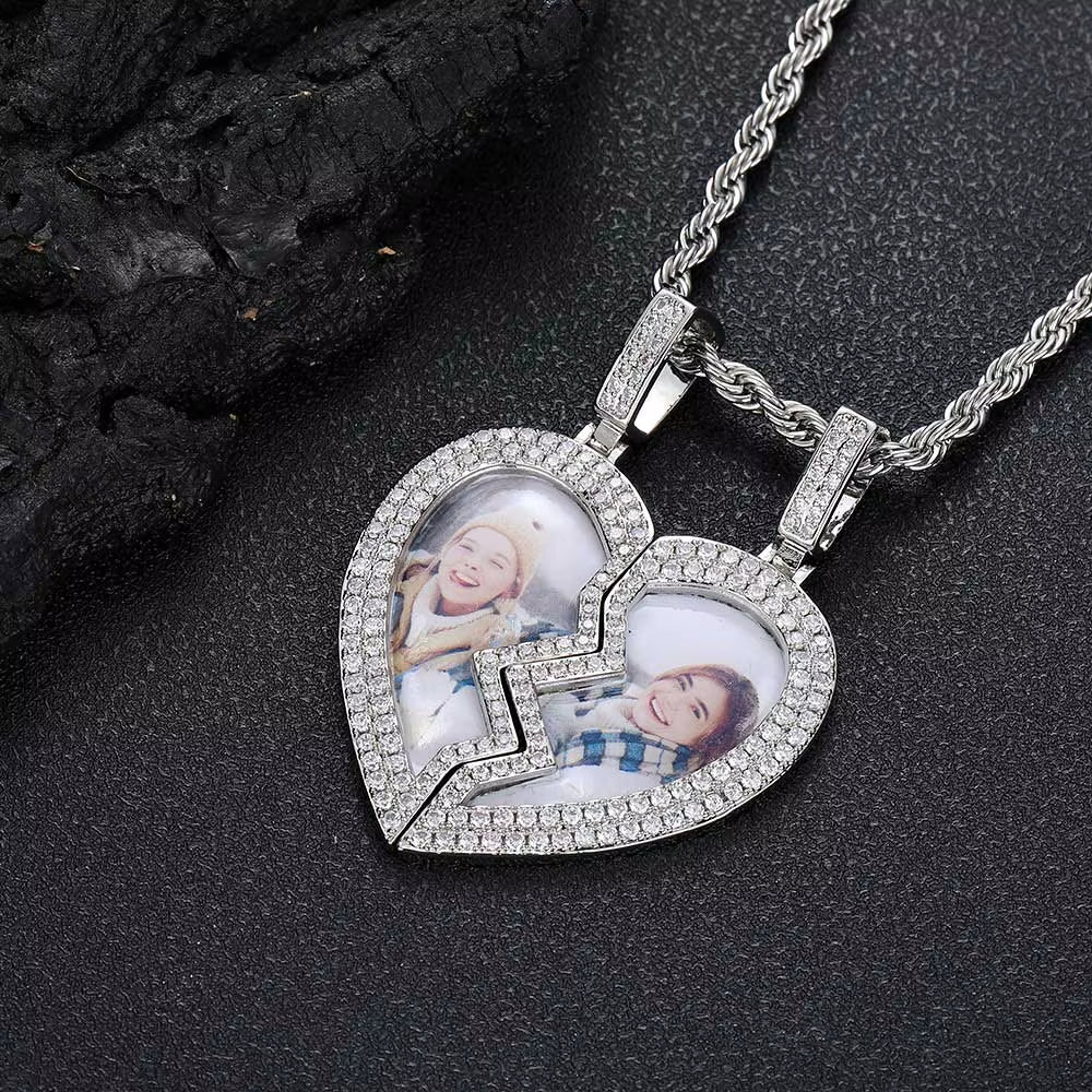 Hip Hop Fine Jewelry Iced Out Broken Heart Charm Photo Necklace White Gold Plated Custom Memory Photo Frame Pendant