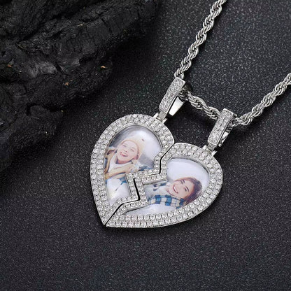 Hip Hop Fine Jewelry Iced Out Broken Heart Charm Photo Necklace White Gold Plated Custom Memory Photo Frame Pendant