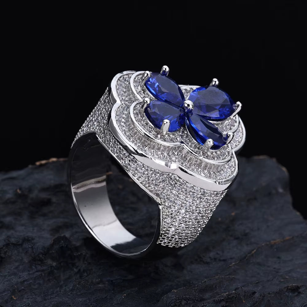 NUOAY Shiny Blue Gemstone Flower Shape Rings White Gold Plated Hip Hop Jewelry Iced Out Four Leaf Diamond Ring for Women