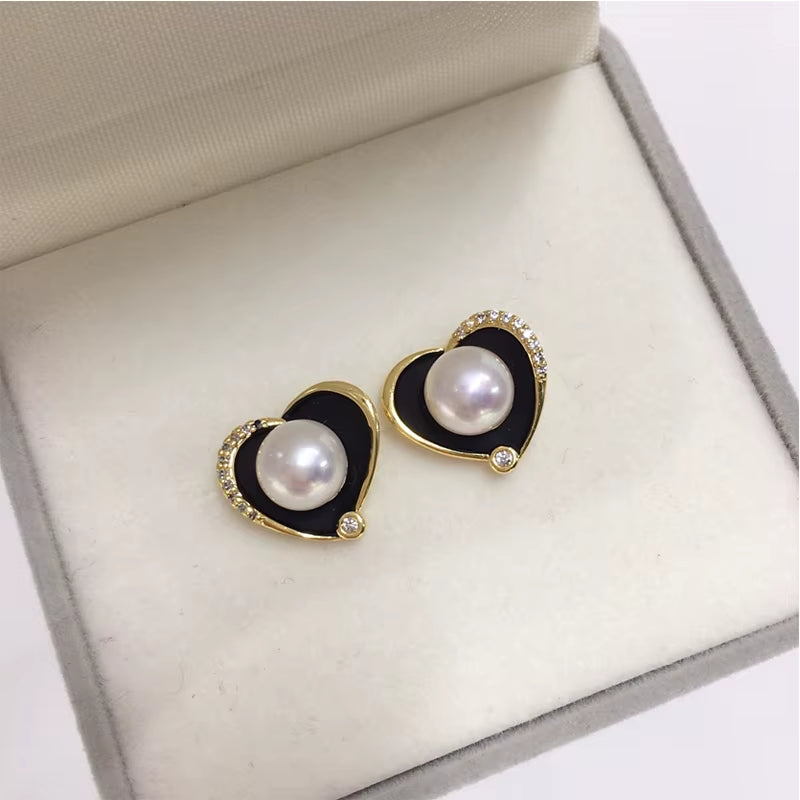 2024 High Quality Black Heart Real Freshwater Pearl Earrings Silver Ear Needle Woman Gift