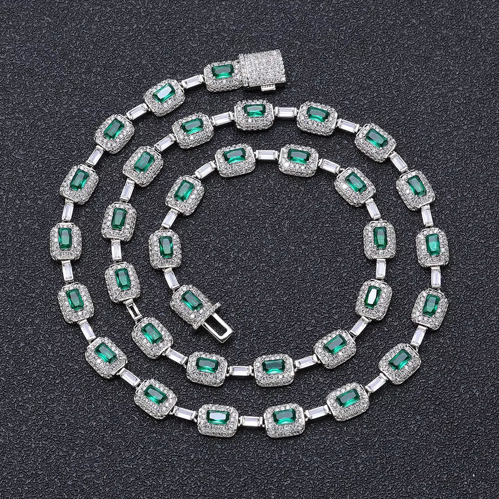 NUOYA Baguette Diamond Link Chain Necklace Silver Plated Micro Pave Emerald Zircon Bling Hip Hop Fine Jewelry