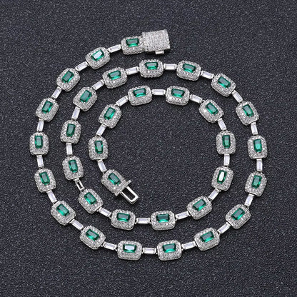 NUOYA Baguette Diamond Link Chain Necklace Silver Plated Micro Pave Emerald Zircon Bling Hip Hop Fine Jewelry