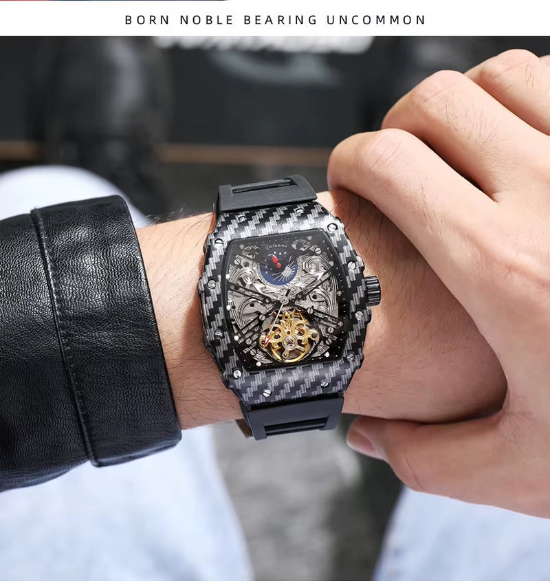 Custom OEM New Design Private Label Carbon Fiber Style Skeleton Fashion Luxury Uhren Men Tourbillon Automatic Mechanical Watch