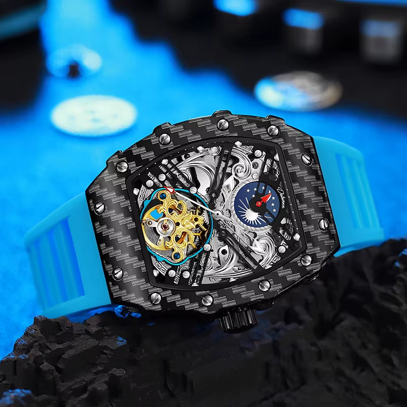 Custom OEM New Design Private Label Carbon Fiber Style Skeleton Fashion Luxury Uhren Men Tourbillon Automatic Mechanical Watch