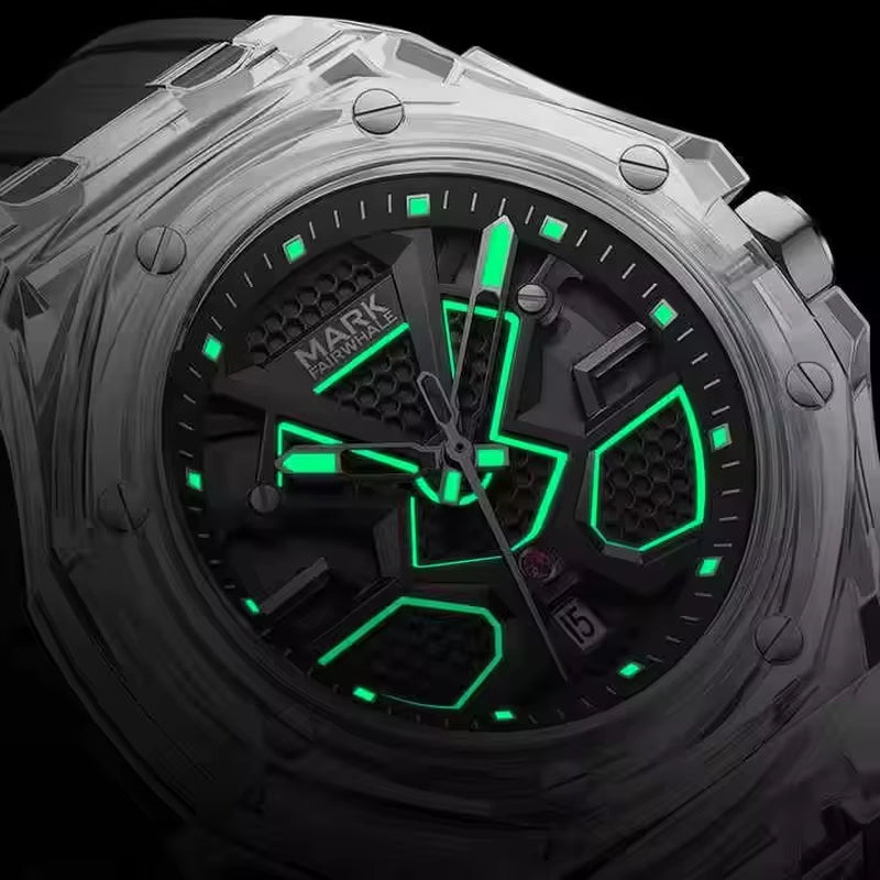 Mark Fairwhale 5920 Men Quartz Watches with Octagonal and Clear Case Silicone Strap Waterproof Sporty Stylish Man Wristwatches