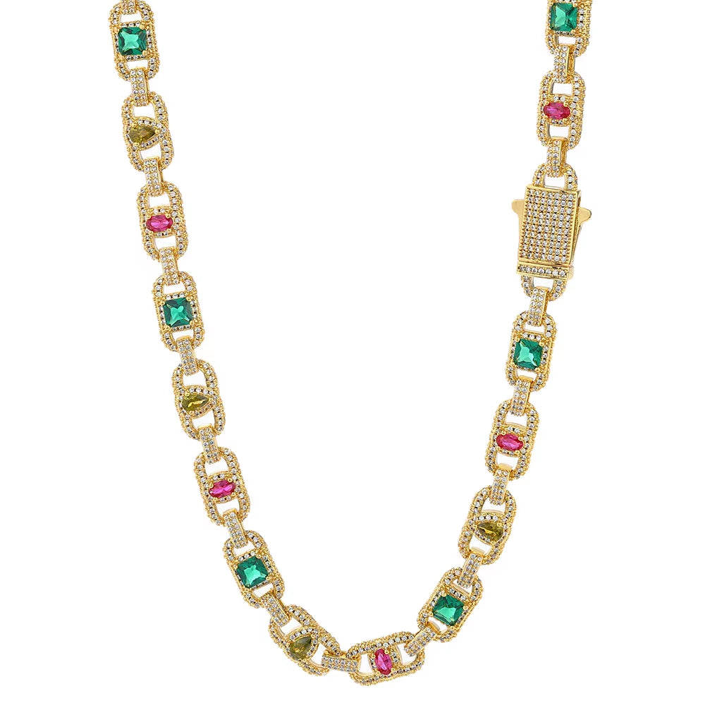 NUOYA Luxury Colorful Zircon Cuban Chain Necklace Silver Plated Mixed Inlaid Iced Out Diamond Hip Hop Fine Jewelry