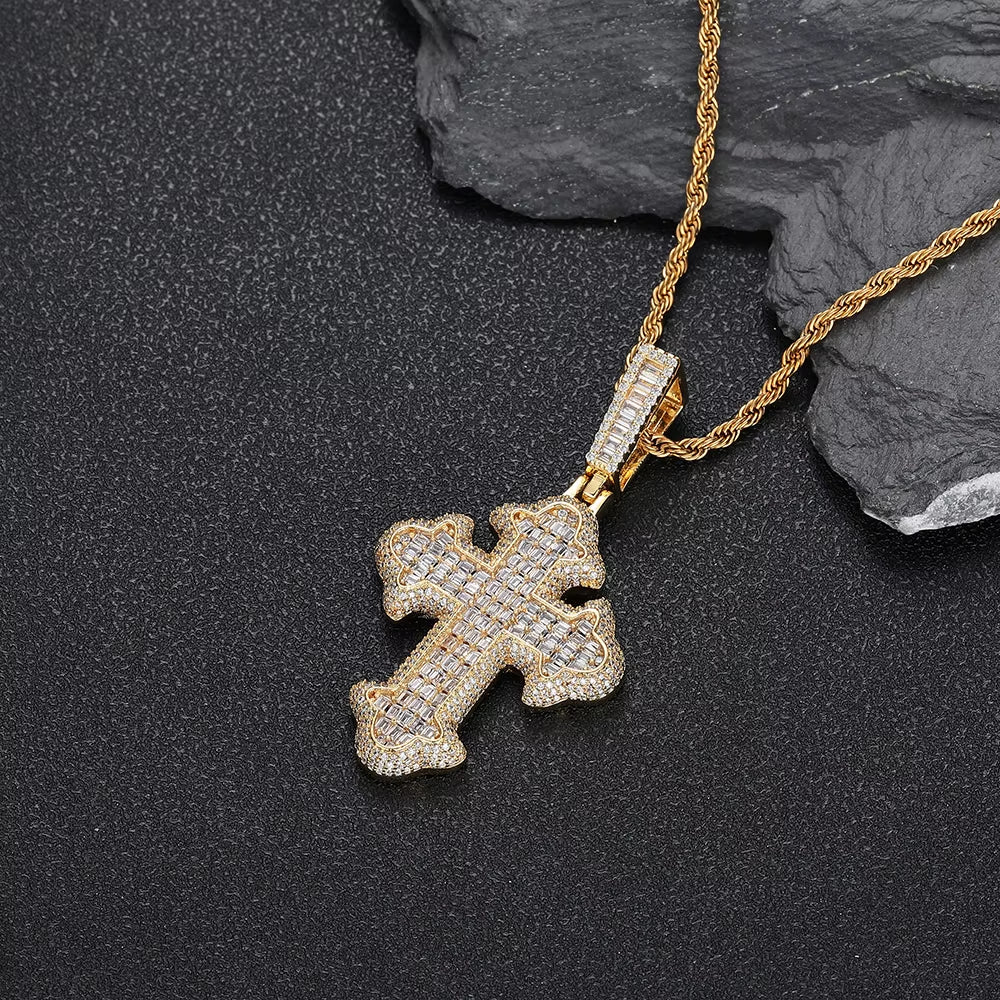 NUOYA New Style Hip Hop Baguette Square Iced Out Zircon White Gold Plated Cross Pendant for Men and Women Gift Fashion Jewelry