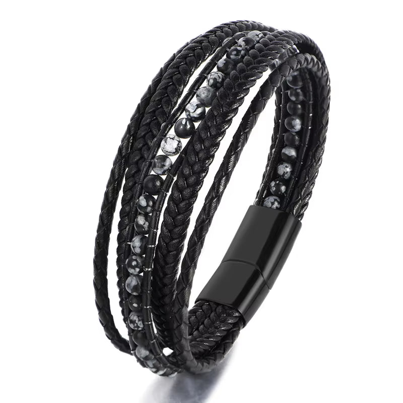 Wholesale Mens Bead Bracelets Stainless Steel Handmade Woven Leather Bracelet Men