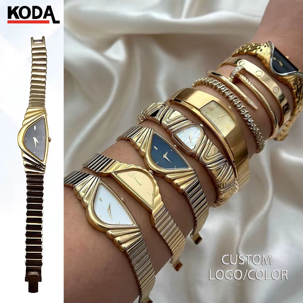 Luxury Vintage 16Mm Quartz Wristwatch Half Moon Asymmetrical Gold Tone White Glass Square Alloy Leather Strap Antique Business