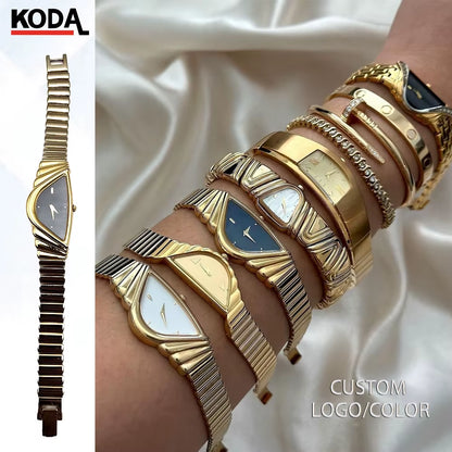 Luxury Vintage 16Mm Quartz Wristwatch Half Moon Asymmetrical Gold Tone White Glass Square Alloy Leather Strap Antique Business