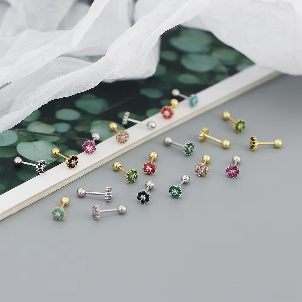 KR Colored Zircon Earrings S925 Sterling Silver Ins Style Flower Inlaid Diamond Screws Earrings Wholesale