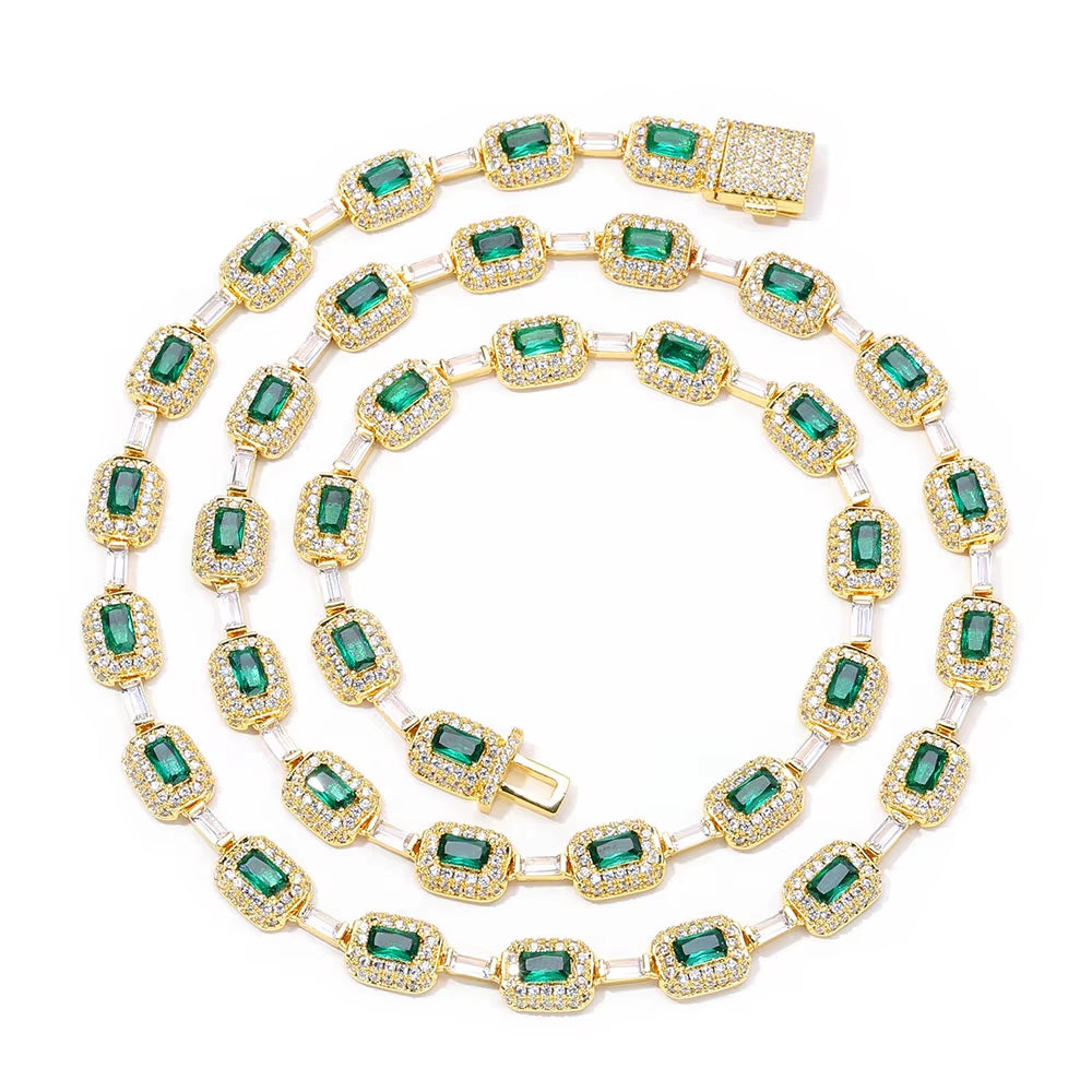 NUOYA Baguette Diamond Link Chain Necklace Silver Plated Micro Pave Emerald Zircon Bling Hip Hop Fine Jewelry