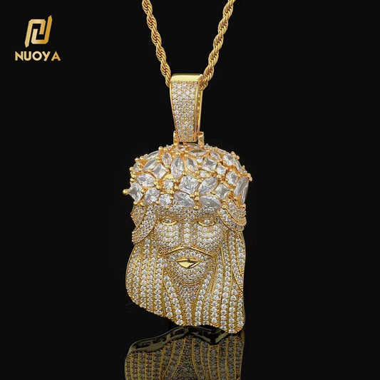 NUOYA Hip Hop Jewelry Iced Out Diamond Charm Pendant Gold Silver Plated Claw Setting Zircon Wreath Jesus Head Pendant for Women
